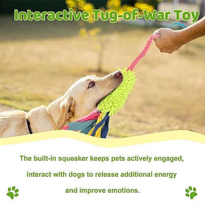 wodoca Dog Tug Toys - Aggressive Chewer Rope Toy with Strong Squeak, Ideal for Large Dogs, Training, and Play - color: Green Chenille, Pink Webbing