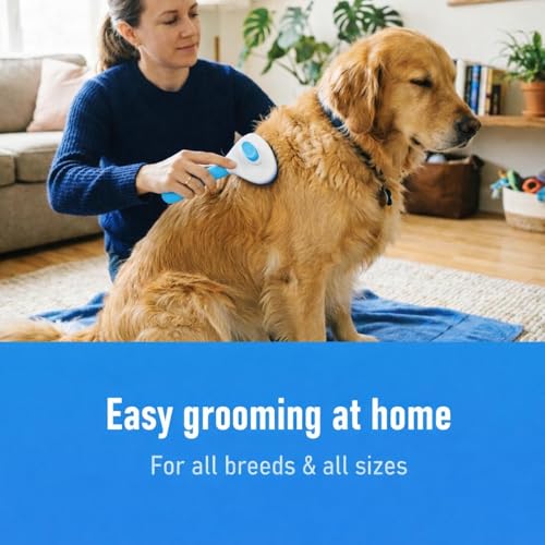 Self Cleaning Slicker Brush for Dogs & Cats – Deshedding Grooming Tool with One Click Hair Removal – Gentle for Sensitive Skin - color: Blue