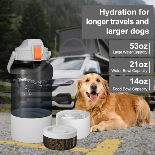 Cibaabo 53oz Large Dog Water Bottle with Water & Food Bowl, 3-in-1 Portable Pet Feeding & Hydration Dispenser for Large Dogs & Humans, Leak-Proof Tritan Bottle for Hiking, Camping, Walking, Car Trips - color: White