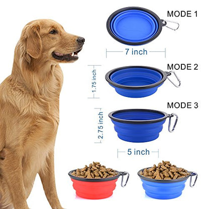 Large Collapsible Dog Bowls, 34oz Travel Water Food Bowls Portable Foldable Collapse Dishes with Carabiner Clip, 2 Pack (Blue + Red)