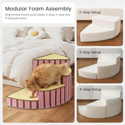 Curved Dog Stairs for Small Dogs & Cats – Pet Steps with Non-Slip Textured Surface, Removable Washable Cover & High-Density Foam(Brown,2-Step) - color: Brown, size: 2-Step
