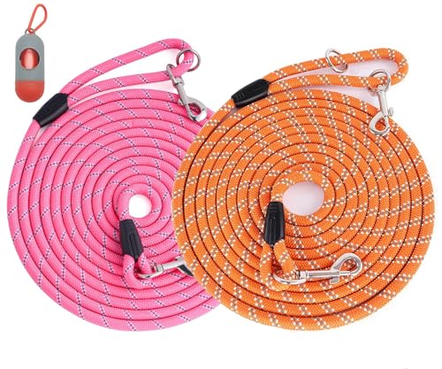 (2 Pack) Long Dog Leash for Dog Training 16FT/30FT/50FT, Reflective Heavy Duty Dog Lead for Large Medium Small Dogs Outside Walking, Playing, Camping, or Yard,Orange&Pink 15FT - color: 2Pack Orange&Pink, size: 16FT* 3/8 inch