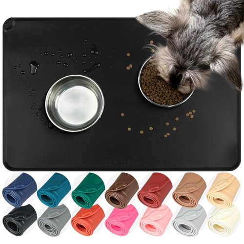 VIVAGLORY Pet Food Mat Flexmat Dog Bowl Mat, S, Black | Non Slip Silicone for Pet Kitten & Doggy, Placemat with Lip for Floor - color: Black, size: S (18.9 x 11.8in)
