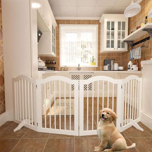 27.6" Freestanding Dog Gates, Indoor&Outdoor Pet Fences for Puppy Dogs, Wooden Dog Gates for Doorways,Stairs,The House,Porch,Deck,Yard(4 Panels 27.56''H×80''W)