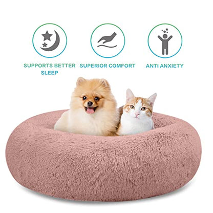 SAVFOX 30 inches Calming Donut Dog Bed - 3X Durable Plush Faux Fur, Machine Washable & Non-Slip, Fits up to 45 lbs, Pink - color: Pink, size: Medium | 30"x30"