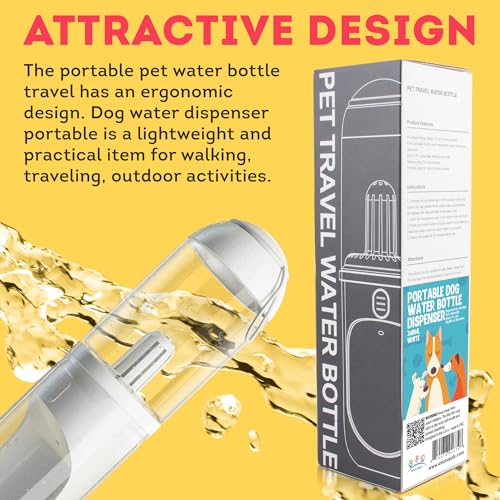 ABC Pack & Supply Dog Water Bottle Dispenser Portable, 12 oz Travel Size, Clear White ABS, One-Hand Button, Silicone Wrist Strap