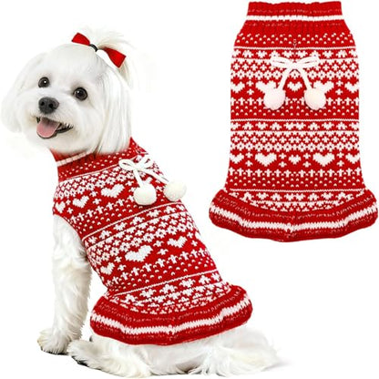 Dog Christmas Sweater Dress with Leash Hole Turtleneck Xmas Girl Dog Clothes Soft Pet Dogs Outfits Warm Fall Winter Puppy Knitted Pullover for Small Medium Dogs Cats（Red Heart,Small - color: Red Heart, size: Small