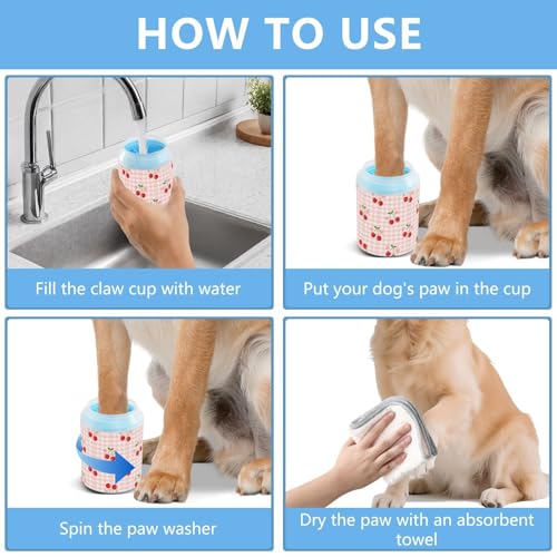 Spring Cherries Flowers Pink Print Dog Paw Cleaner Cup with Soft Silicone Brush, Small Lightweight Portable Muddy Paw Washer for Dogs, Easy to Use Pet Foot Cleaner