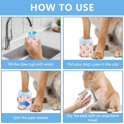 Spring Cherries Flowers Pink Print Dog Paw Cleaner Cup with Soft Silicone Brush, Small Lightweight Portable Muddy Paw Washer for Dogs, Easy to Use Pet Foot Cleaner