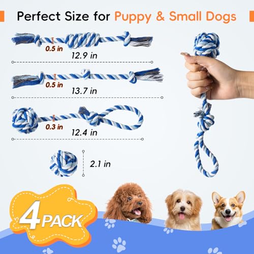 wodoca Dog Rope Toys 4 Pack, Puppy Teething Cotton Knot Chew Rope for Small Medium Dogs, Interactive Tug of War Dog Toys for Boredom, Teeth Cleaning - color: Blue
