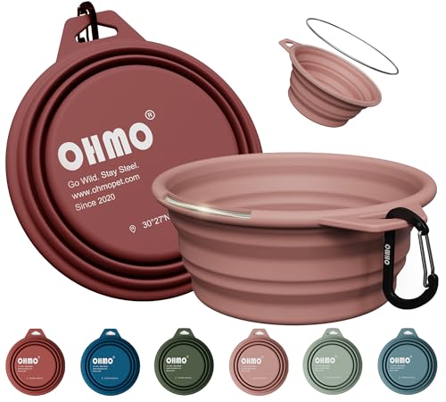 OHMO Collapsible Dog Water Bowls w/Built-in Stainless Steel Ring – 2pcs Large 27oz/800ml Portable Silicone Pet Feeding Bowl for Hiking, Camping, Travel - color: Erythrinus&Coral, size: Steel 2x27oz