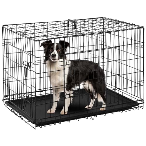 PayLessHere Large Dog Crate Kennel for Medium Large Dogs Metal Dog Cage Double-Door Folding Travel Indoor Outdoor Puppy Playpen with Divider and Handle Plastic Tray (36 Inch, Black) - color: Black, size: 36.0"L x 22.0"W x 24.0"H
