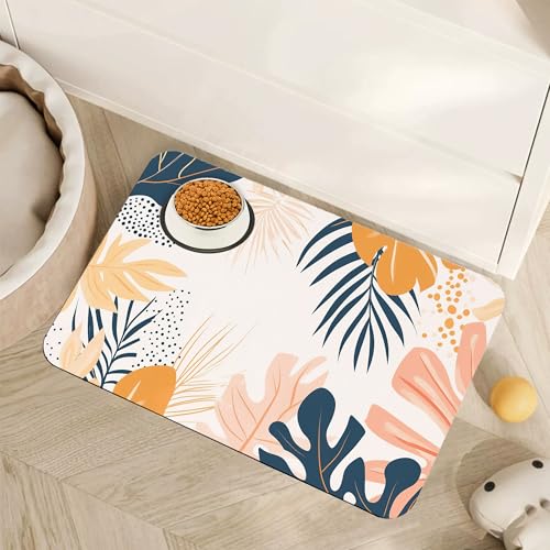 Boho Tropical Leaves Dog Food Mat for Floors,Absorbent Pet Food and Water Bowl Mats,Non-Slip Pet Feeding Mat,Pet Supplies 12" x 20" - color: Boho Tropical Leaves, size: 20"L x 12"W
