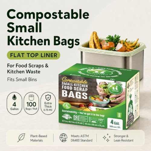 UNNI Compostable Trash Bags, 4 Gallon / 15 Liter, 200 Count, Extra Thick 0.75 mil Small Kitchen Food Scrap Bin Liners, BPI, CMA & OK compost HOME Certified (Meets ASTM D6400) - size: 200 Count (Pack of 1), style: 4 Gallon