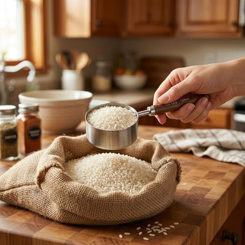 1/2 Cup Scoop, Dog Food Scoop,125ml Stainless Steel Measuring Scoops with Wooden Handle Dog Food Measuring Cup for Baking Cooking Wet and Dry Ingredients