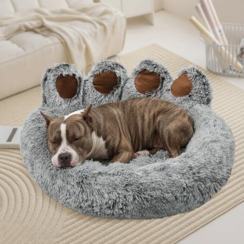 Round Plush Calming Donut Dog & Cat Bed | Calming Design, Donut Shape - color: Grey, size: X-Large