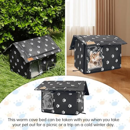Fhiny Stray Cats Shelter, Waterproof Outdoor Cat House Foldable Warm Pet Cave for Winter Wild Animal Tent Bed Anti-Slip Kitten Cave for Feral Cat Dog Puppy Weatherproof Black (M:15.7"×13.7"×15.7") - size: M:15.7"×13.7"×15.7"