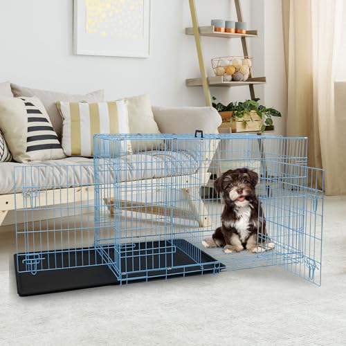 Dog Crate, 24/30/36/42/48 Inch Dog Crates for Small Medium Large Dogs Indoor, Folding Metal Dog Kennel Dog Cage with Double-Door, Divider Panel, Removable Tray, Locks and Handle, (24 Inch, Blue) - color: BLUE, size: 24.0"L x 16.0"W x 19.0"H