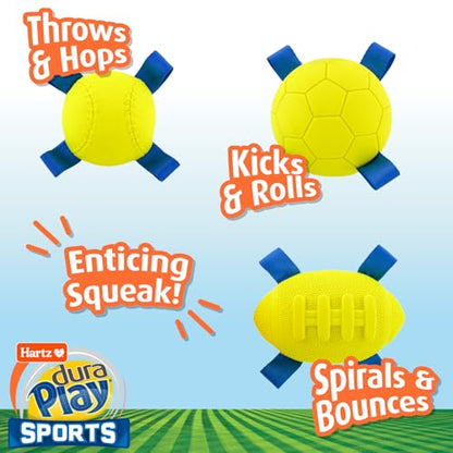 Hartz Dura Play Sports Ball Variety Dog Toy, Bacon Scented Squeaky Latex Yellow & Blue Toy, 3 Count - size: 3 Count, style: Variety