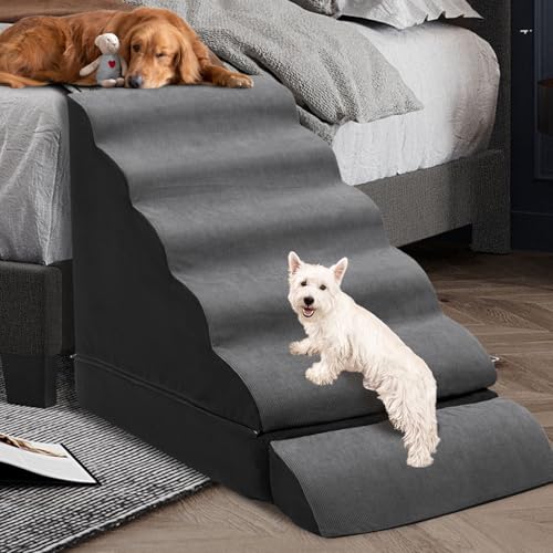 A.FATI 6 Tier Foam Dog Stairs for 30-36 Inch High Bed, 3-in-1 Convertible Pet Steps Ramp, Removable Washable Cover, Non-Slip Design for Small Senior Dachshund Corgi Dogs Under 60lbs - color: Dark Grey 30" H