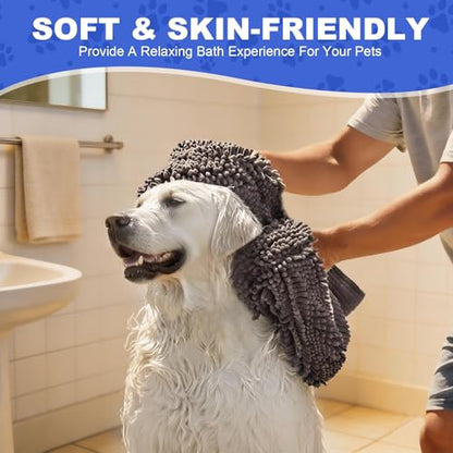 WOUSEDO Microfiber Chenille Dog Towel 1 Pack, Super Absorbent & Quick Dry | Pet Bath Shammy Towel, 13.8 x 31.5 Inches, Wash Grooming Towels for Small to Large Pets, Grey