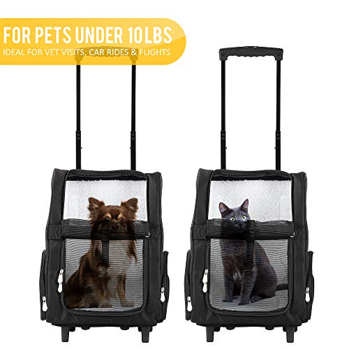 KOPEKS Deluxe Backpack Pet Travel Carrier with Double Wheels for Pets up to 10 Pounds - Black - Approved by Most Airlines - color: Black, size: 13.0"L x 12.0"W x 20.0"H