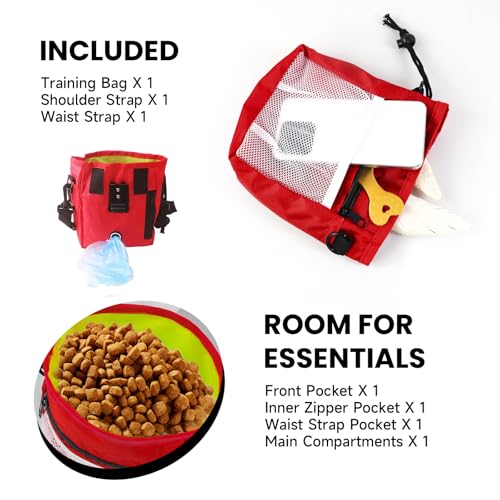 Dog Treat Waist Bag- Lightweight Pet Training Bag with Pocket for Poop Bag, Multi-Way Wear Large Capacity Snack Storage for Dog Training & Walking (Red) - color: Red