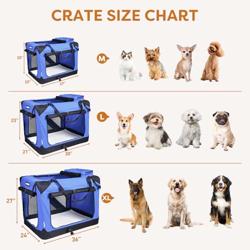 JESPET Soft Dog Crates Kennel for Pets, 3 Door Soft Sided Folding Travel Pet Carrier with Straps and Fleece Mat for Dogs, Cats (Royal Blue, Large(30" L x 21" W x 23" H)) - color: Royal Blue