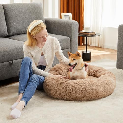 DUMOS 24.8x24.8 Inch Calming Donut Dog Beds for Medium Dogs, Machine Washable Cuddler Warming Cozy Fluffy Faux Fur Plush Round Pet Bed, Anti-Slip Bed for Indoor Dogs and Cats, Brown(2 Pack)