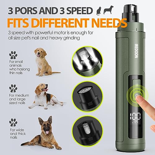 IREDOON Dog Nail Grinder Upgraded - Professional 3-Speed Super Quiet and Low Vibration Electric Pet Nail Grinder with 4 LED Lights - Painless Paws Grooming & Smoothing for Small to Large Dogs (Green) - color: Matte Green