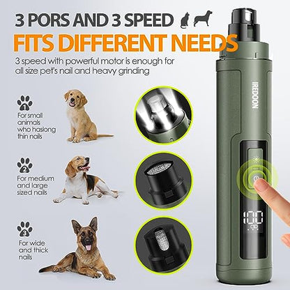IREDOON Dog Nail Grinder Upgraded - Professional 3-Speed Super Quiet and Low Vibration Electric Pet Nail Grinder with 4 LED Lights - Painless Paws Grooming & Smoothing for Small to Large Dogs (Green) - color: Matte Green