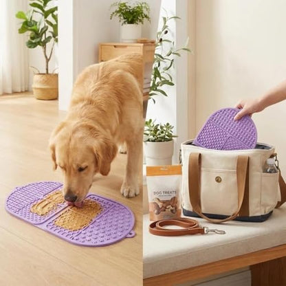 Foldable Dog Lick Mat, 142 Strong Suction Cups Silicone Slow Feeder Lick Pad with 6 Textured Zones, Anxiety Relief Mat for Bath Grooming, BPA Free for Dogs & Cats (Purple, 17.32 x 7.87in)