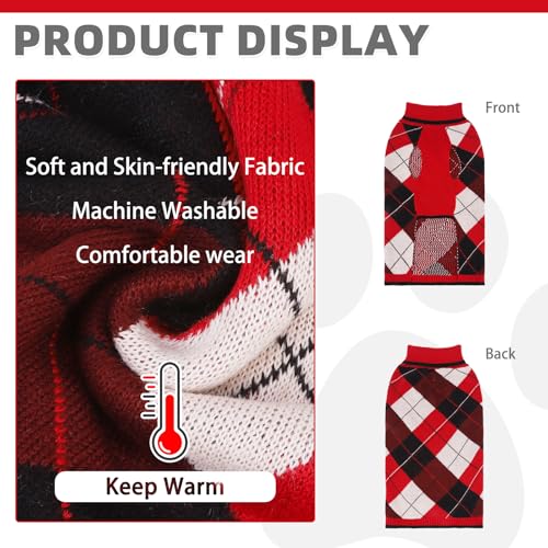 KOOLTAIL Dog Sweater - Thick Warm Plaid Pullover Turtleneck Fleece Dog, Cat, Puppy Christmas Sweater with Leash Hole - Red - S, M, L - color: Red2, size: Small/Medium