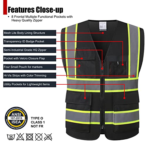 Reflective Safety Vest for Men Women High Visibility Vest with 8 Pockets and Front Zipper Mesh Reflective Vest Meets ANSI/ISEA Standards (Black-07, Medium) - color: Black, size: Medium