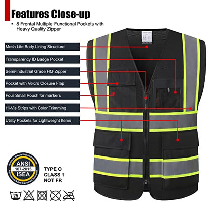 High Visibility Reflection Black Mesh Safety Vests with 8 Pockets and Front Zipper, hi vis safety vest for Men and Women, Meets ANSI/ISEA Standards(Black-07,Large) - color: Black, size: Large