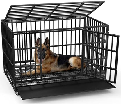 LEMBERI 48" Heavy Duty Dog Crate, Indestructible Escape-Proof Cage Kennel for Large Dogs, High Anxiety Dog Crate with Removable Wire Trays & Lockable Wheels, Extra Large XL XXL, Black - color: Black, size: 47.2"L x 30.7"W x 36"H