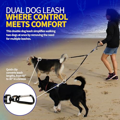 Pet Fit For Life 64" Double Dog Leash – Premium Dual Leash for Two Dogs w/Shock-Absorbing Bungee | Durable Soft Foam Handle for Comfort & Control | Includes Bonus Collapsible Travel Water Bowl - size: Large
