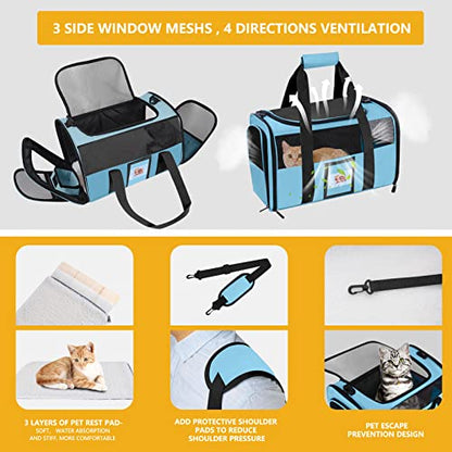 Cat Carrier Dog Carriers Airline Approved for Small Dogs, Kitten, Carriers for Small Medium Cats Under 15lb, Collapsible Soft Sided TSA Approved Pet Travel Carrier-Blue - color: Blue