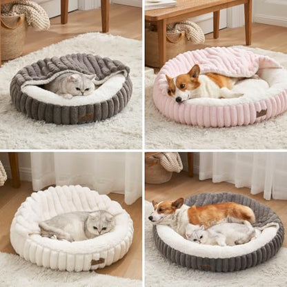 Cat Bed with Hooded Blanket, Round Fluffy Anti-Anxiety Pet Bed for Cats/Small Dogs, Cozy Donut Cuddler with Machine Washable Faux Fur & Anti-Slip Bottom(23"×23"×6",Pink) - color: Pink, size: 23"×23"×6"