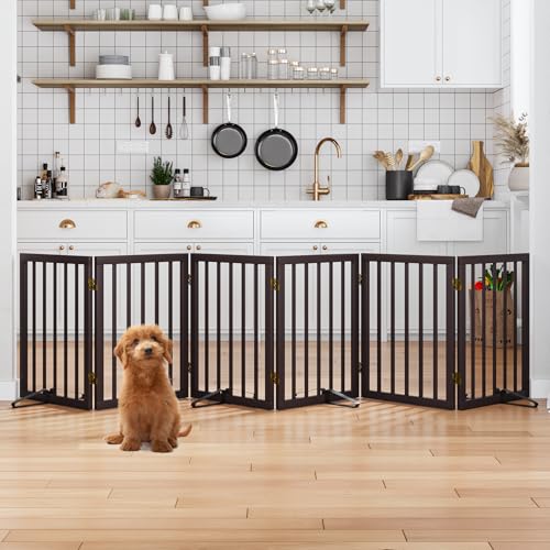 Dog Gates for the House Doorways Extra Wide 110 Inches Wood Freestanding Pet Gates for Dogs Indoor Fence with Support Stands - color: Espresso, size: 6 Panel - 110 inches Wide