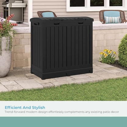 Suncast Dual Trash Hideaway Cabinet for Garbage and Recycle Bags, Discrete Outdoor Trash Cabinet with Concealed Trash Bag Holders, Holds Two 33-Gal. Bags, Made in the USA - color: Black