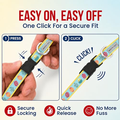 THE WORTHY DOG Spring Holiday Easter Eggs Dog Collar – Durable Nylon, Woven Ribbon, Quick-Release Buckle, Nickel D-Ring – Blue, Small - color: Easter Eggs - Blue, size: Small