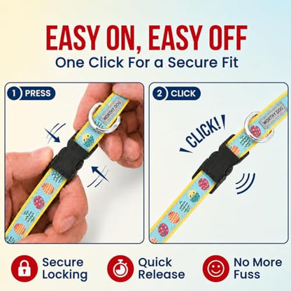 THE WORTHY DOG Spring Holiday Easter Eggs Dog Collar – Durable Nylon, Woven Ribbon, Quick-Release Buckle, Nickel D-Ring – Blue, Small - color: Easter Eggs - Blue, size: Small
