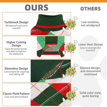 KOOLTAIL Dog Christmas Sweater Pet Knitted Clothes - Classic Plaid Pull Over Turtleneck Dog Sweaters with Leash Hole Warm Dogs Winter Clothing for Small Medium Dogs Cats Puppy Boy Girl Red & Green SM - color: Red & Green, size: Small/Medium