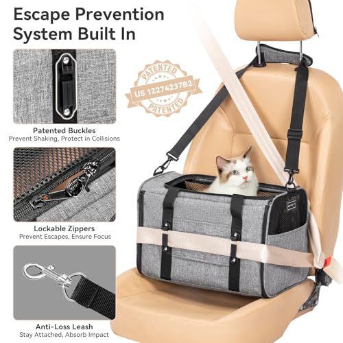 PETSFIT Soft-Sided Cat Carrier with Patented Safety Buckles, Lockable Zippers & Safety Tether,Escape-Resistant Travel Pet Carrier for Car Rides & Vet Visits, Airline Approved Under-Seat, Up to 12 lbs - color: Gray, size: 18.0"L x 11.0"W x 11.0"H
