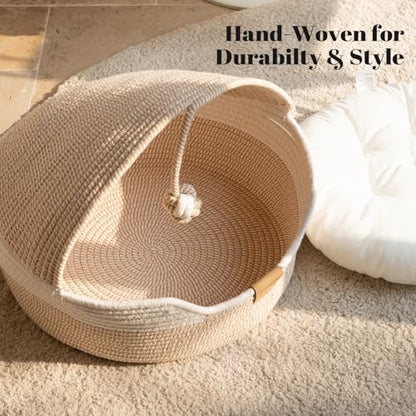 CHEERPALS Cat Basket Bed with Washable Cushion and Ball Rope Cotton, Covered Pet Bed for Indoor Cats Cave Bed Hooded, Stimulicat Cat Bed Handwoven Breathable, All Season Universal(White) - color: White