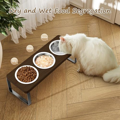 Elevated Cat Bowls with 3 Stainless Steel Bowls | 10° Tilted Anti-Vomiting Raised Cat Food Bowl for Small Cats and Puppies Pet Bowl with Stand（Walnut Color） - color: Walnut color