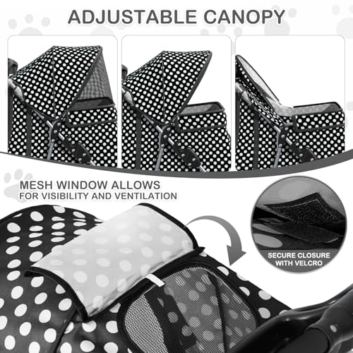 MoNiBloom 3 Wheels Pet Dog Cat Stroller for Small Medium Dogs Cats, Foldable Jogger Stroller w/Storage Basket and Cup Holder, Black Polka Dots - color: Black Polka Dots