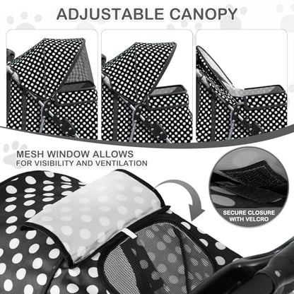 MoNiBloom 3 Wheels Pet Dog Cat Stroller for Small Medium Dogs Cats, Foldable Jogger Stroller w/Storage Basket and Cup Holder, Black Polka Dots - color: Black Polka Dots