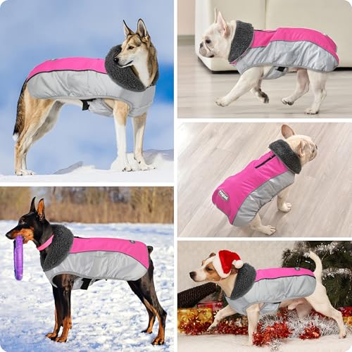 Petglad Dog Coat, Waterproof Ripstop Dog Winter Jacket with Leash Hole, Reflective Adjustable Warm Pet Fleece Snow Sweater for Small Medium Large Dogs - Pink, L - color: Pink, size: L